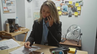 Takım elbiseli sarışın bir kadın dağınık bir dedektifin ofisinde çalışıyor. Etrafı suç delilleriyle çevrili ve telefonla konuşuyor..