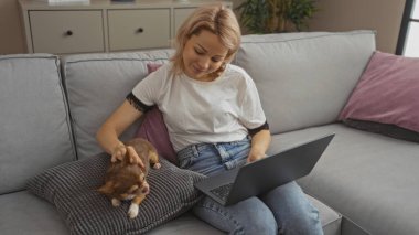 Genç sarışın bir kadın oturma odasında oturuyor, dizüstü bilgisayarla çalışıyor ve kanepede Chihuahua 'sını okşuyor..