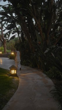 Bir kadın, alacakaranlıkta yemyeşil tropikal yapraklarla çevrili sakin bir bali tatil beldesinde yürüyor..