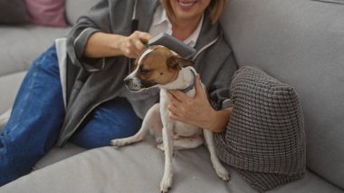 Olgun sarışın bir kadın, küçük köpeğini sıcak bir oturma odasında tımar ediyor, evcil hayvan bakımı anını içeride yakalıyor..