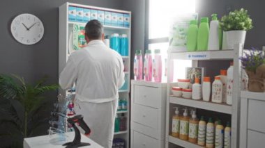 Bir eczanede çalışan bir adam, çeşitli cilt bakım ürünlerini raflarda sınıflandırıyor ve açık, düzenli, kapalı bir ortamda sağlık ürünleri sergiliyor.