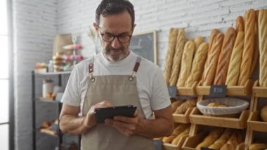 Pastanede kıdemli İspanyol adam önlük giyiyor. Tablet kullanıyor. Etrafı ekmek somunlarıyla çevrili.