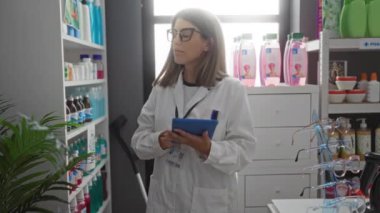 Laboratuvar önlüğü ve gözlüğü takan İspanyol kadın çeşitli ürün ve raflarla dolu bir eczanede tablet kullanıyor.