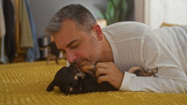 Orta yaşlı İspanyol bir adam rahat bir yatak odasında yatakta uzanıyor, küçük bir chihuahua köpeğiyle nazikçe oynuyor, sıcak, kapalı, ev ortamını resmediyor..