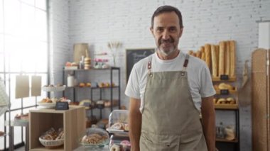 İspanyol önlüklü adam gülümsüyor ve çeşitli hamur işleri sunuyor. Bir pastanenin parlak, iyi düzenlenmiş iç mekanında..