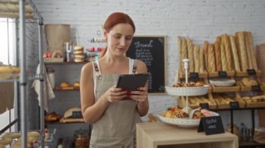 Fırında çalışan genç çekici bir kadın, elinde tablet, çeşitli fırınlanmış mallarla çevrili.