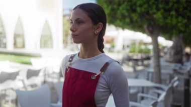 Kumral saçlı, burun halkalı, beyaz tişörtlü, açık bir kafede kırmızı tulumlu genç bir kadın..