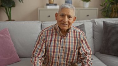 Yakışıklı, gri saçlı İspanyol bir adam, rahat bir oturma odasında oturur. Modern bir dairede, yumuşak mobilyalarla ve ev dekoruyla karakterize edilir..