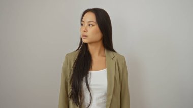 Genç, çekici, beyaz bluzlu ve bej ceketli Çinli bir kadın izole edilmiş beyaz bir arka plana karşı duruyor.