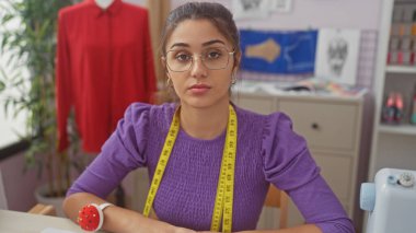 Canlı bir atölyede odaklanmış genç bir kadın. Etrafı terzilik aletleriyle çevrili. Yaratıcılık ve moda sergiliyor..