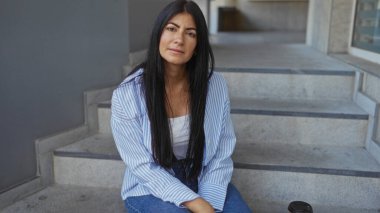 Uzun esmer saçlı, güzel, genç bir İspanyol kadın şehir ortamında beton merdivenlerde oturuyor..