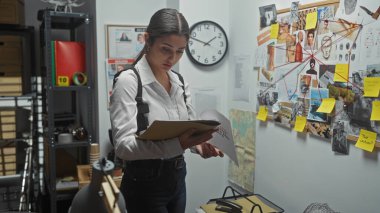 Odaklanmış bir kadın dedektif, bir polis departmanının soruşturma odasındaki mantar panoda ipuçlarını analiz eder..