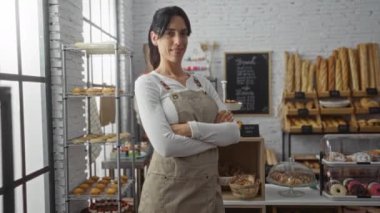 Genç, ispanyol, kadın, içeri, fırın, giysi, önlük, ayakta, çapraz, kollar, el hareketi, el hareketi, el hareketi, çeşitli, fırın, mallar ve pastalarla çevrili,