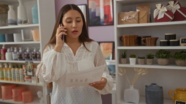 İspanyol kadın, dekoratif eşyalar ve hediyeler sergilenen iç dekorasyon mağazasında cep telefonuyla konuşurken bir belge okuyor..