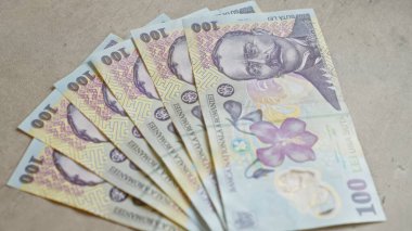 Romen banknotları, Romanya 'dan gelen Ley para birimini gözler önüne seren somut bir arkaplan üzerinde serildi