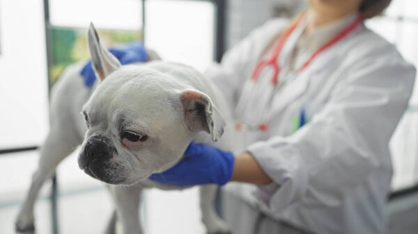 A young woman veterinarian holds a canine patient in her hands while examining the animal in a veterinary clinic indoors.
