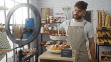 Sakallı genç adam fırında glütensiz hamur işi gösteren bir video kaydediyor. Arka planda ekmek rafları ve fırınlanmış mallar var..