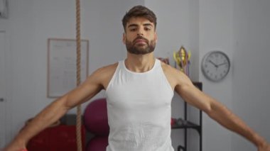 Spor salonunda egzersiz yapan genç bir adam, kararlı bir ifadeyle beyaz bir atlet giyiyor, ağırlık ve halat gibi ekipmanlarla çevrili, spor salonunun zindeliğini ve gücünü ön plana çıkarıyor..