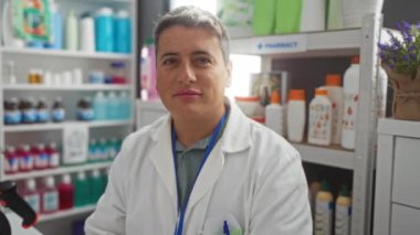 Eczanede çalışan genç bir adam, çeşitli tıbbi ürünlerle dolu raflarla çevrili, laboratuvar önlüğü giymiş, güvenle gülümseyen, profesyonel sağlık hizmetlerini temsil eden