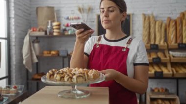 Pastanedeki genç kadın telefonla hamur işi fotoğrafları çekiyor. Detaylara ve sosyal medya ilişkilerine dikkat çekiyor.