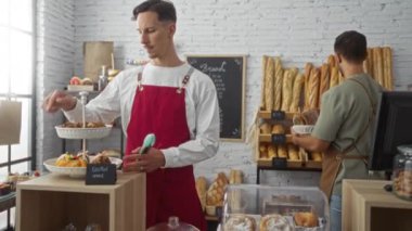 Erkekler pastanede birlikte çalışıyor, biri hamur işlerini düzenliyor, diğeri de raflara ekmek yerleştiriyor, çeşitli fırınlanmış malların sergilendiği kapalı bir dükkânda..