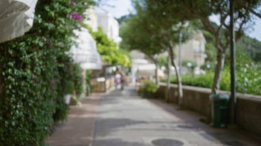 Capri Adası 'ndaki güzel bir caddenin bulanık görüntüsü berrak gökyüzü altında yemyeşil ve uzak figürlerle lüks ve sükunetin özünü yakalıyor..