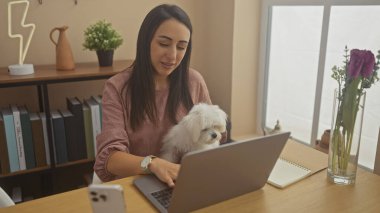 Genç bir kadın bichon köpeğiyle doğal ışıkla aydınlatılmış rahat bir ofis ortamında vakit geçirmekten hoşlanıyor..