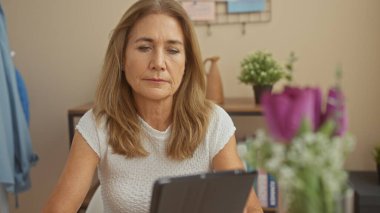 Rahat bir oturma odasında çiçekli tablet kullanan düşünceli olgun bir kadın..