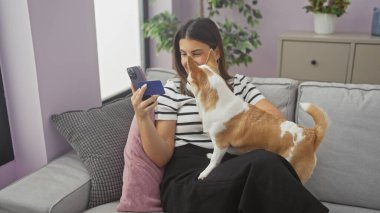 Genç bir kadın, sıcak bir oturma odasında elinde telefon ve kredi kartıyla bir chihuahua ile etkileşime giriyor..