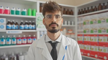 Sakallı yakışıklı bir İspanyol eczacı iyi stoklanmış bir eczanede profesyonel olarak duruyor.