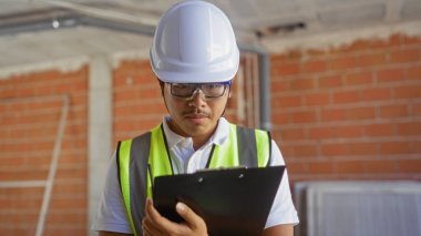 Kasket ve güvenlik yeleği giyen genç adam, kapalı bir inşaat alanında bir panoya bakıyor.