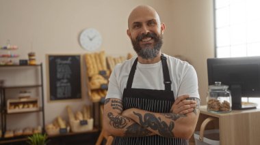 Kel kafalı ve sakallı İspanyol bir adam bir pastanede güvenle gülümsüyor. Ekmek ve hamur işleriyle birlikte.