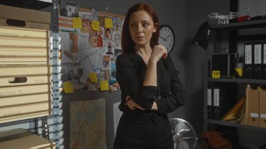 Ofisteki kızıl saçlı kadın dedektif dava dosyaları, kanıt panosu, saat ve klasörleri inceliyor..