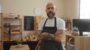 Sakallı ve kollarını kavuşturmuş yakışıklı İspanyol adam ekmek ve hamur işleriyle birlikte kapalı bir fırında duruyor..