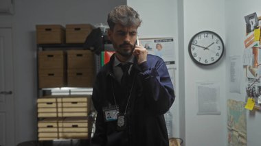 Dedektif kıyafeti giymiş, sakallı, düşünceli İspanyol bir adam, darmadağın bir ofis odasında telefonla konuşuyor..