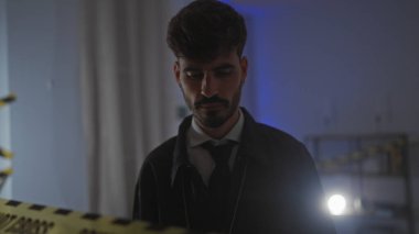 Sakallı düşünceli genç bir adam, sarı uyarı bandıyla çizilmiş loş ışıklı bir suç mahalli düşünüyor..