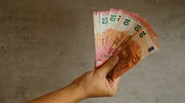 Elle tutulan avro banknotları somut bir geçmişe karşı, para, finans ve nakit işlemleri kavramını sergiliyor.