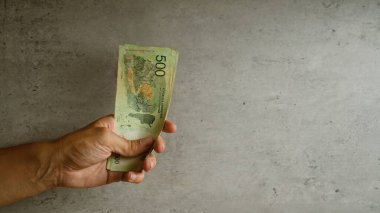 Arjantinli pezoları somut bir zemine karşı tutarak 500 Arjantinli pesoyu detaylı yakın plan çekimde gösteriyor..
