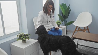 A young hispanic woman veterinarian is in a clinic examining a labrador dog indoors. clipart