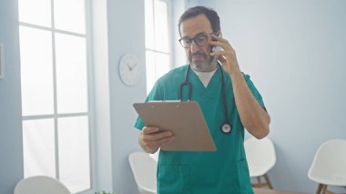 Önlüklü yetişkin bir İspanyol, panoyu inceliyor ve hastane odasında telefonla konuşuyor.