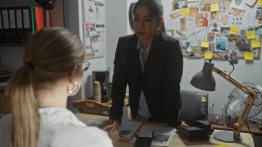 Two women in a detective office, one standing with documents, surrounded by investigation boards and evidence. clipart