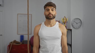 Yakışıklı, sakallı, beyaz kolsuz tişörtlü, spor aletleri, bir saat ve arka planda bir ip olan yakışıklı İspanyol bir adam.