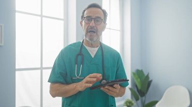 Önlüklü İspanyol erkek doktor elinde dijital tabletle hastane odasında dikiliyor.