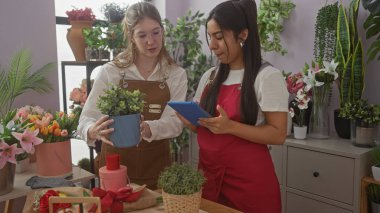 Çiçekçinin renkli iç mekanında bitkilerle ve tabletle çalışan iki kadın.