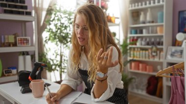 İç mekan, bitkiler ve organize raflarla çevrili bir ev dekorasyonu mağazasında notlar alan genç bir kadın, ürünlerin ayrıntılı bir analizini işaret ediyor..