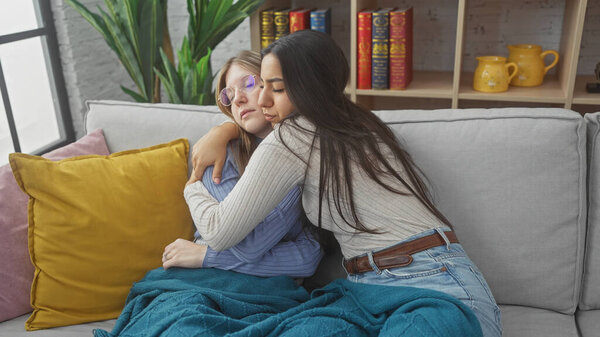 Две женщины обнимаются на диване в уютной гостиной, выражая дружбу и комфорт.