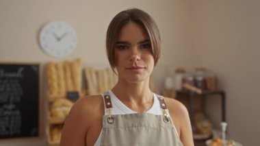 Pastanede gülümseyen genç bir kadın. Önlük takıyor, evin içinde duruyor. Etrafı ekmek ve pasta vitriniyle çevrili.