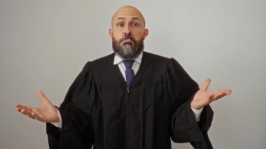 Sakallı İspanyol bir adam beyaz arka plana şaşırmış görünüyor.