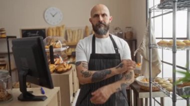 Dövmeli ve sakallı kel bir adam fırında kolları çapraz duruyor. Odanın içinde çeşitli ekmek çeşitleri sergileniyor.