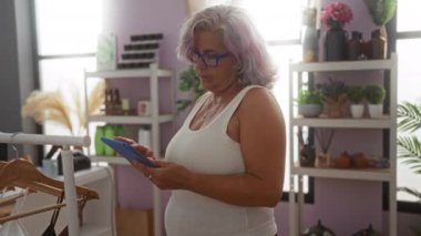 Kadın, parlak bir odada raflar ve kıyafetlerle tablet kullanıyor, gözlük takıyor, gülümsüyor, doğal ışık altında, arka planda, pembe bir duvarın üzerinde, olgun, yetişkin, güzel, renkli gri saçlar gösteriyor.
